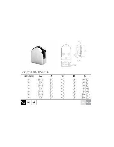 Pinza vidrio CC-701 de acero inoxidable para poste redondo
