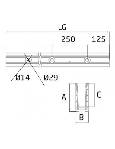 Medidas Perfil de suelo montaje superior para sistema de barandilla de vidrio GlassFit SV-1401