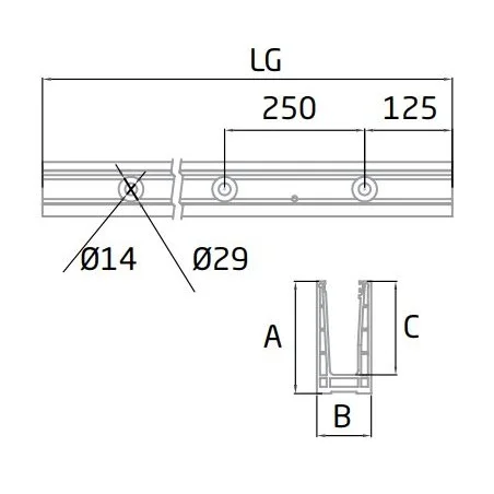 Medidas Perfil de suelo montaje superior para sistema de barandilla de vidrio GlassFit SV-1401