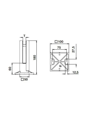 Plano de la pinza al suelo modelo 62 de acero inoxidable para sistema de barandilla de vidrio sin poste