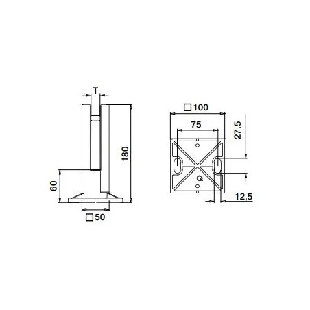 Plano de la pinza al suelo modelo 62 de acero inoxidable para sistema de barandilla de vidrio sin poste