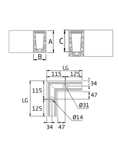 Esquina a 90º interior para sistema de barandilla de vidrio GlassFit SV-1701