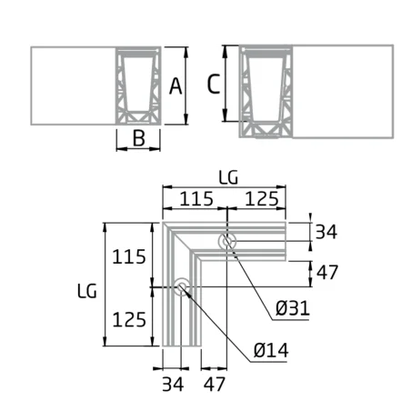 Esquina a 90º interior para sistema de barandilla de vidrio GlassFit SV-1701