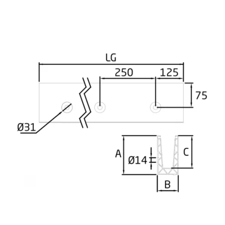 Plano de Perfil de suelo montaje lateral para sistema de barandilla de vidrio GlassFit SV-1602