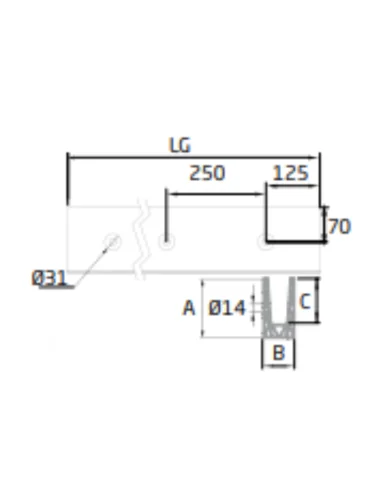 Plano de Perfil de suelo montaje lateral para sistema de barandilla de vidrio GlassFit SV-1702
