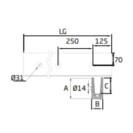 Plano de Perfil de suelo montaje lateral para sistema de barandilla de vidrio GlassFit SV-1702