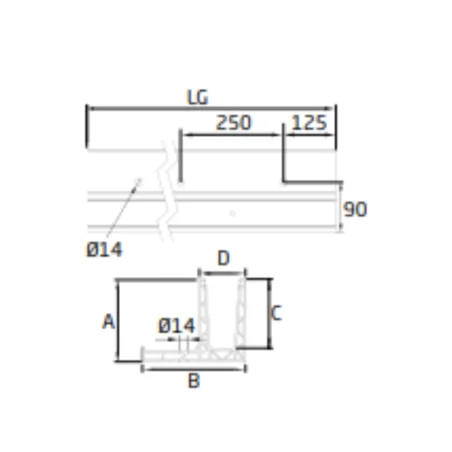 Plano de Perfil de suelo montaje lateral para sistema de barandilla de vidrio GlassFit SV-1703
