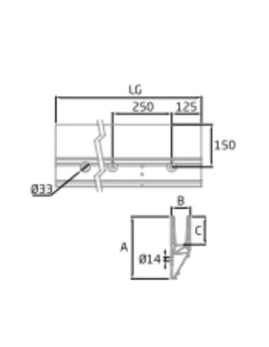 Plano de Perfil de suelo montaje lateral para sistema de barandilla de vidrio GlassFit SV-1704