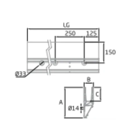 Plano de Perfil de suelo montaje lateral para sistema de barandilla de vidrio GlassFit SV-1704