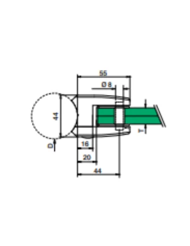 Plano de Pinzas para vidrio modelo 2300 acero inox AISI316/304 para superficie redonda