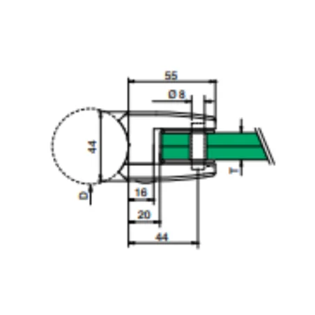 Plano de Pinzas para vidrio modelo 2300 acero inox AISI316/304 para superficie redonda