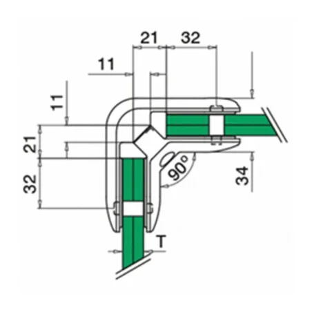 Plano de Conector para vidrio ángulo 90º mod 2890 en acero inox AISI 316/304