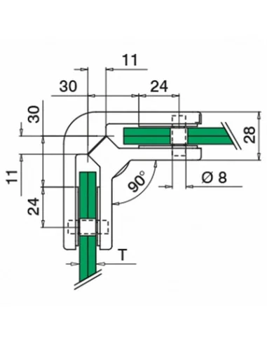 Plano de Conector para vidrio ángulo 90º mod 4290 en acero inox AISI 316/304