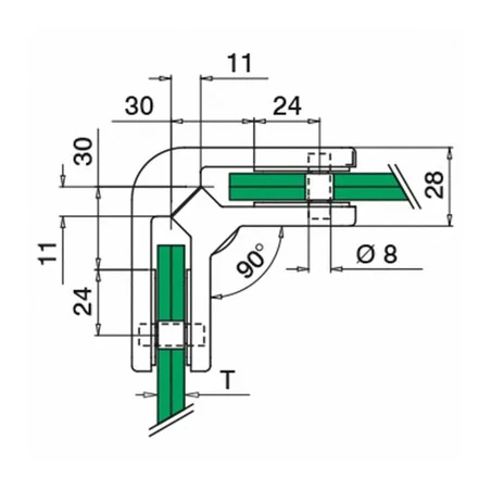 Plano de Conector para vidrio ángulo 90º mod 4290 en acero inox AISI 316/304