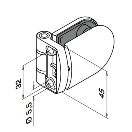 Plano de Bisagra para vidrio mod 0281 en acero inoxidable AISI 316