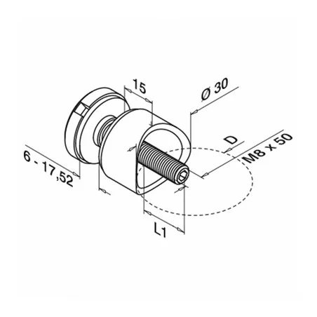 Plano de Adaptador para vidrio tubo redondo Ø30mm en acero inoxidable AISI 304/316 Mod 0746