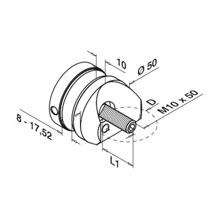 Plano de Adaptador para vidrio tubo redondo Ø50mm en acero inoxidable AISI 304/316 Mod 1747