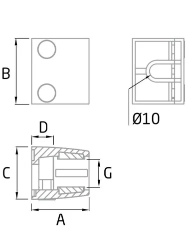 Medidas Pinza para barandillas de vidrio en acero inoxidable AISI-316 modelo CC-738