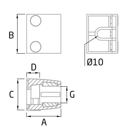 Medidas Pinza para barandillas de vidrio en acero inoxidable AISI-316 modelo CC-738