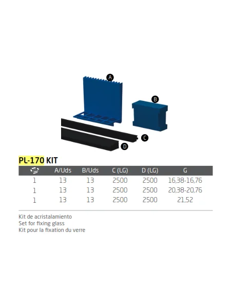 Medidas del kit de cuñas para cristal para barandillas al aire de Barmet PL-170 KIT