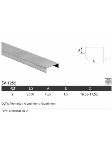 Dimensiones perfil en u protector de vidrio Pasamanos de acero inoxidable SV-1255 satinado de 2500mm