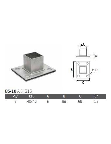 Plano Placa de anclaje BS-10 para tubo cuadrado AISI 316