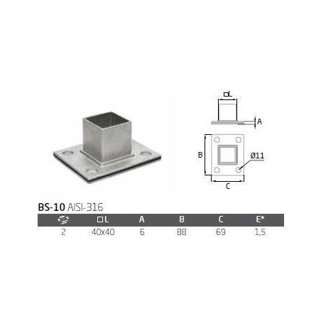 Plano Placa de anclaje BS-10 para tubo cuadrado AISI 316