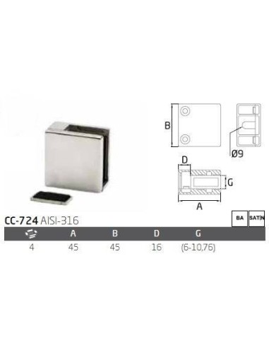 ✔ Pinza vidrio 6-10.76mm CC-724 de acero inoxidable para poste cuadrado de barandilla ✔ Barmet.es