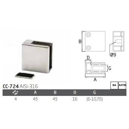 ✔ Pinza vidrio 6-10.76mm CC-724 de acero inoxidable para poste cuadrado de barandilla ✔ Barmet.es