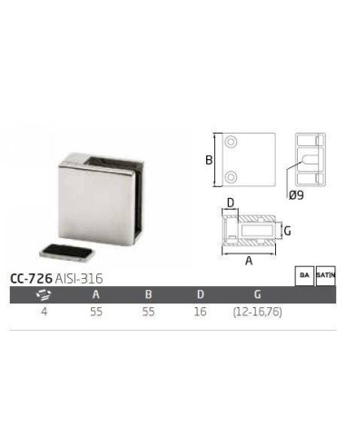 Pinza vidrio CC-726de acero inoxidable para poste cuadrado de barandilla
