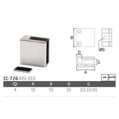 Pinza vidrio CC-726de acero inoxidable para poste cuadrado de barandilla