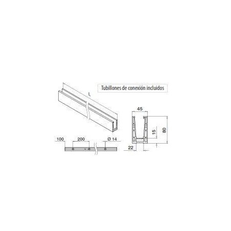 Plano Perfil para suelo en aluminio, Easy Glass Up montaje superior 5000mm