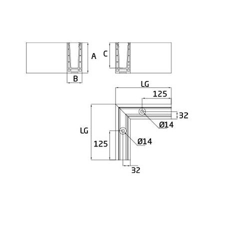 Plano Esquina a 90ª exterior para sistema de barandilla de vidrio GlassFit SV-1401