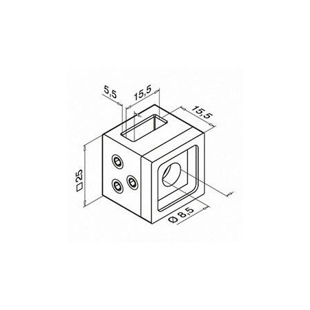 Plano Soporte de travesaño centro unión para pletina de 15x5mm Mod 4821 en zamac (apariencia acero inox.)