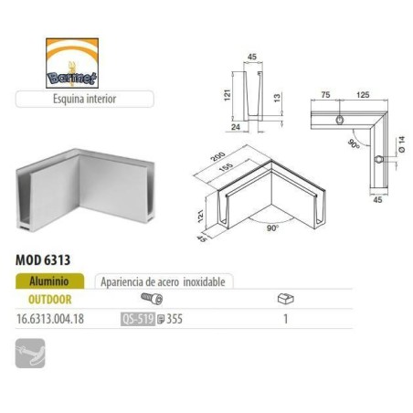 Perfil esquina interior para barandilla Easy Glass Slim superior