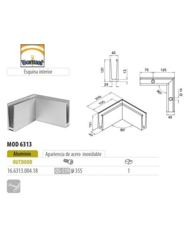 Perfil esquina exterior para barandilla Easy Glass Slim superior