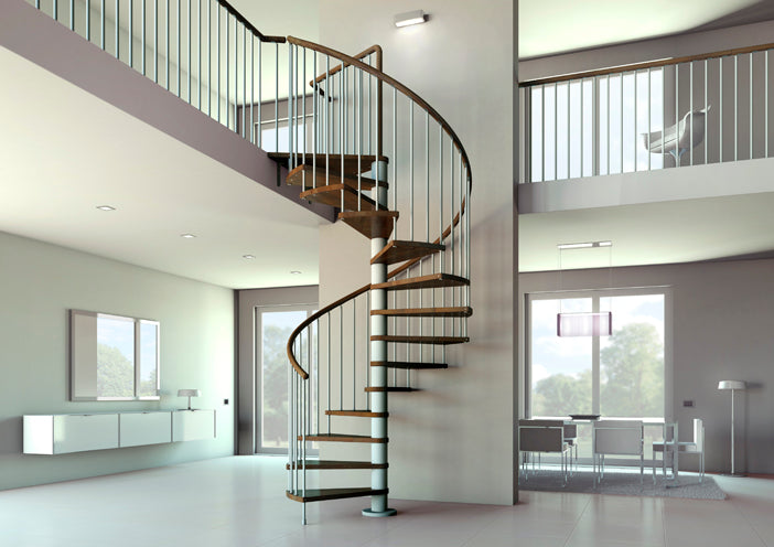 Escalera de caracol Kubo instalada, pasamanos de madera maciza